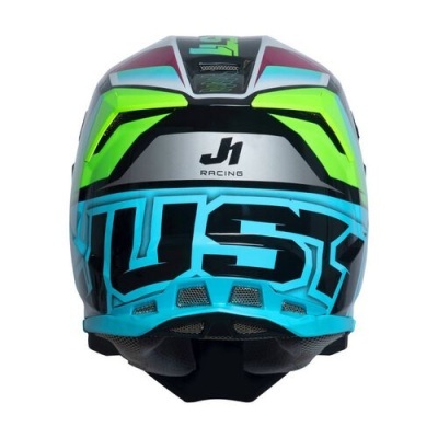 Capacete desportivo colorido com texto VIS e J1 RACING