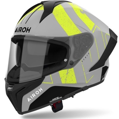 capacete integral cinza, preto e amarelo com visor transparente da marca AIROH