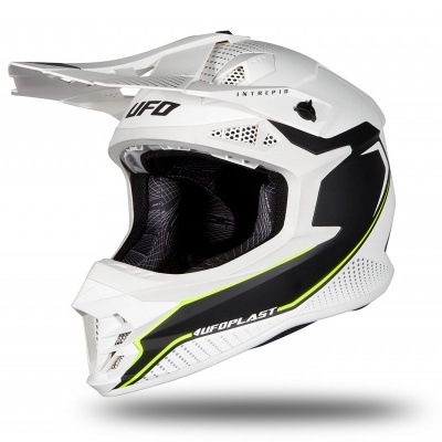Capacete integral branco para motocross com detalhes pretos e verdes