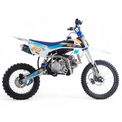 Motocross azul, branco e preto com número 23 e texto REXO K190XL em fundo branco.