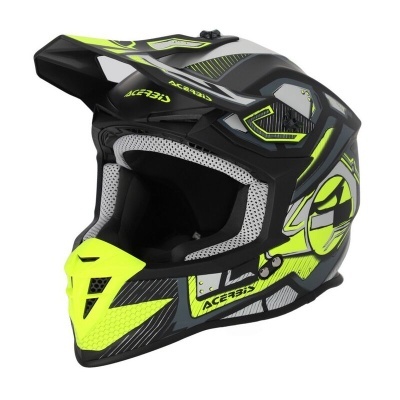 Capacete de motocross preto, cinza e amarelo fluorescente com viseira