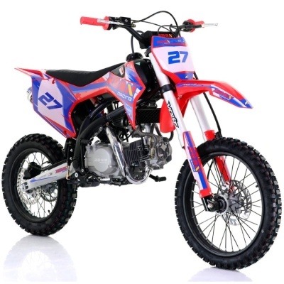 motocross infantil vermelho e azul com pneus de borracha preta e número 27