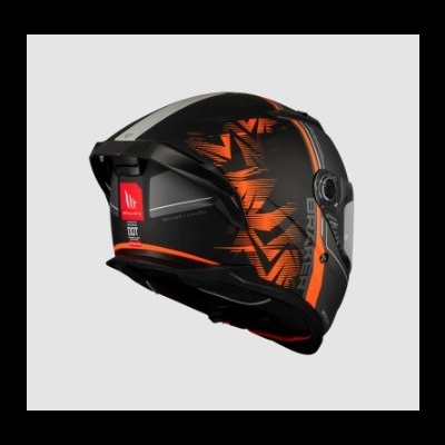 Capacete de mota preto com detalhes em laranja e texto SHARK