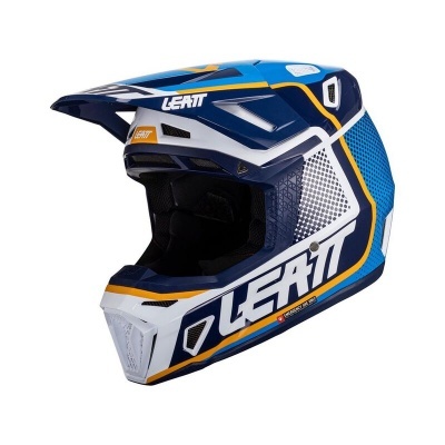 Capacete de motocross azul e branco com detalhes amarelos e marca LEATT
