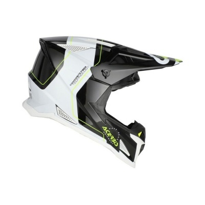 Capacete integral preto, branco e verde-limão para motocross com texto COMPÓSITOS TECHNOLOGY e marca ACERBIS