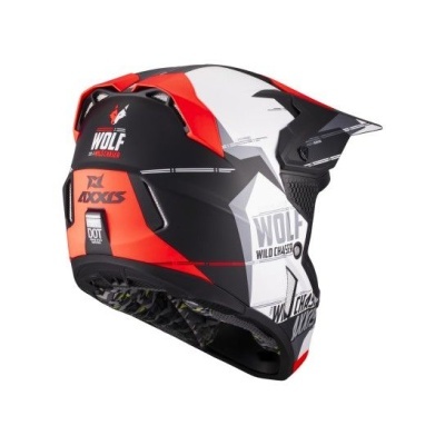 Capacete de motocross preto, branco e vermelho com texto e padrões geométricos