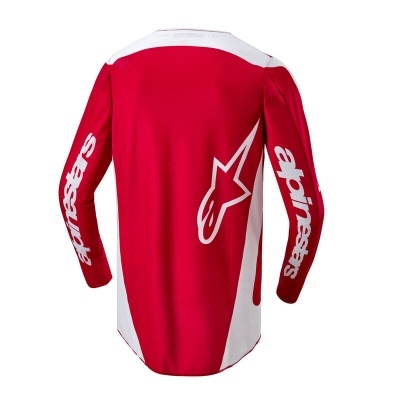 Camisola vermelha e branca de motocross com estampagem alpinestars nas mangas e costas