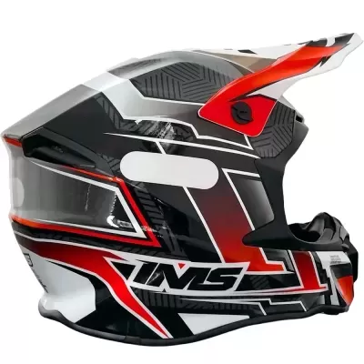 Capacete de motocross preto, branco e vermelho com padrão geométrico.
