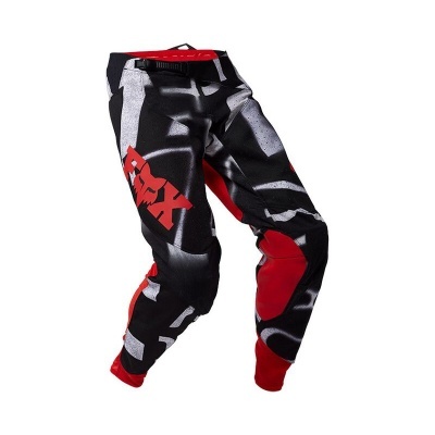 Calças de motocross preto, vermelho e branco com texto FOX