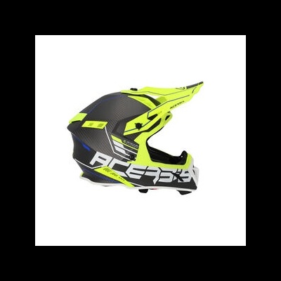Capacete de motocross preto e amarelo fluorescente com texto RACER