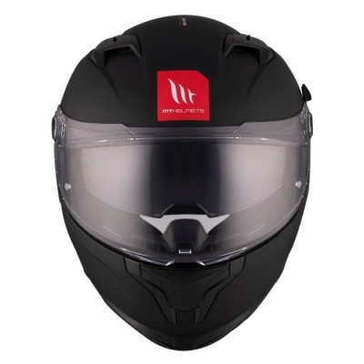 Capacete moto integral preto fosco com viseira transparente e etiqueta vermelha MT HELMETS