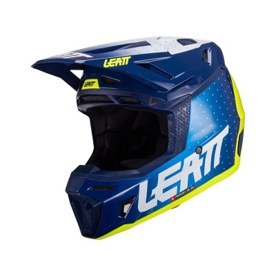 Capacete integral de motocross azul e amarelo com o texto LEATT
