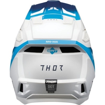 Capacete motocross branco com detalhes azuis e cinza visto de trás