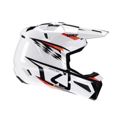 Capacete de motocross branco com detalhes pretos e vermelhos e visor frontal