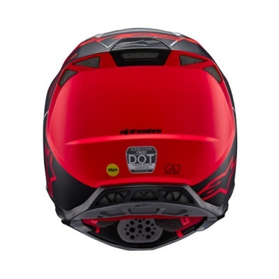 Capacete de moto vermelho com detalhes pretos visto de trás