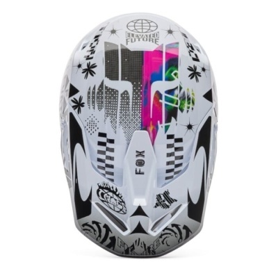 Capacete integral de motocross branco com gráficos coloridos e preto