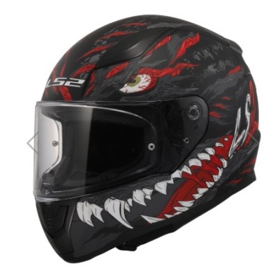 Capacete integral LS2 preto com gráfico de olho e boca com dentes