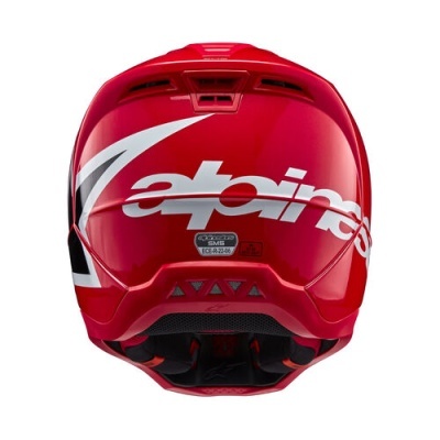 Capacete de motociclista vermelho com inscrições brancas e ventilações