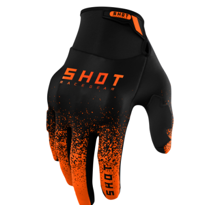 Luva motociclismo preta e laranja com texto SHOT RACEGEAR