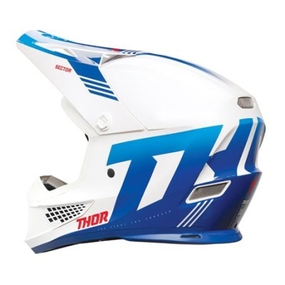 Capacete motocross branco e azul com design gráfico e texto THOR