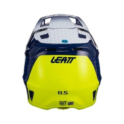 Capacete de motocross branco, azul e amarelo com texto LEATT 8.5 DOT na parte de trás