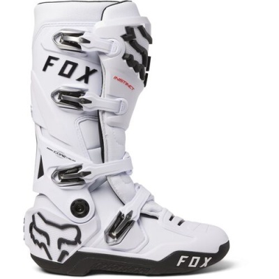 Bota motocross branca com detalhes pretos e quatro fivelas metálicas FOX.