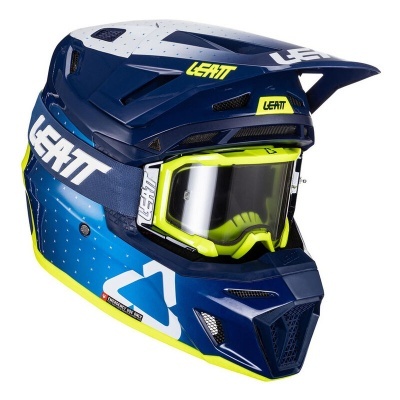 Capacete integral azul e amarelo para motocross com viseira e texto LEATT