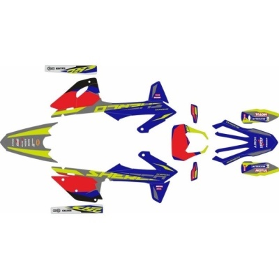 Autocolantes para mota em azul, vermelho, amarelo e cinzento com texto impresso