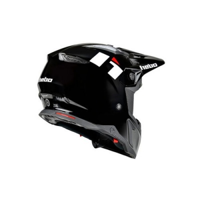 Capacete de motocross preto com detalhes brancos e vermelhos e a marca hebo
