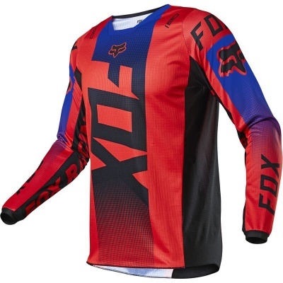 Camisola de motocross vermelha, preta e azul com textos Fox Racing e FDX