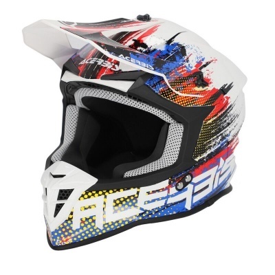 Capacete motocross ACE33 branco, vermelho, azul e preto com interior acolchoado