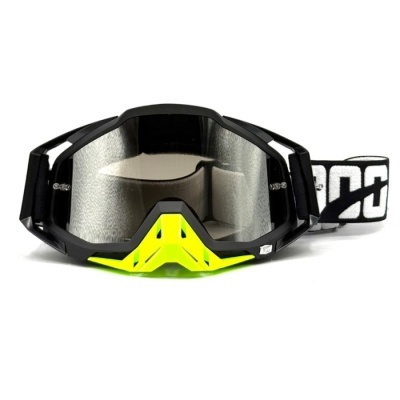 Óculos de proteção desportivos pretos com lentes espelhadas e fita elástica branca com texto preto