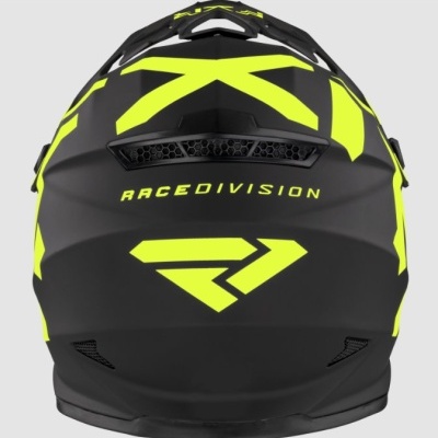 Capacete de motocicleta preto com detalhes amarelo fluorescente e texto RACE DIVISION