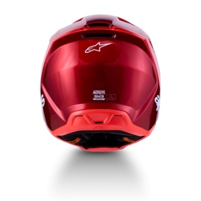Capacete vermelho metálico de motociclismo com logótipo Alpinestars e texto ADVANCED PROTECTS SM3 SE