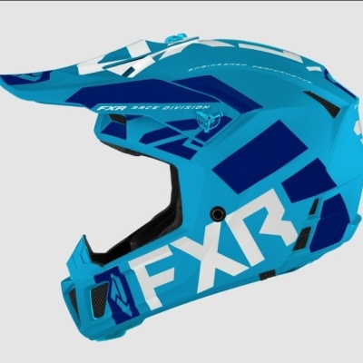 Capacete azul de motocross com texto FXR e detalhes em azul escuro