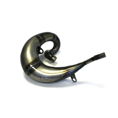 Escape de moto metálico curvado com inscrição STH