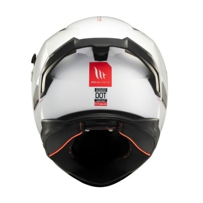 Capacete integral branco com detalhes em preto e vermelho visto de trás
