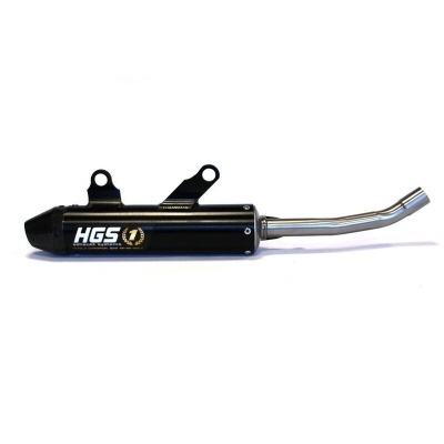 Escape de motocicleta preto com texto HGS 1 e tubo em aço inoxidável