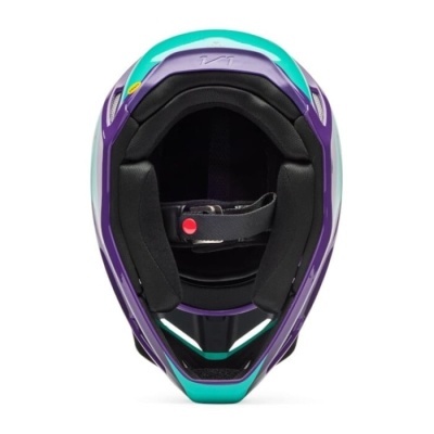 Capacete de motocicleta verde-água, roxo e preto visto de frente
