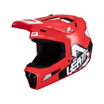 Capacete integral vermelho com detalhes em branco e preto e marca LEATT