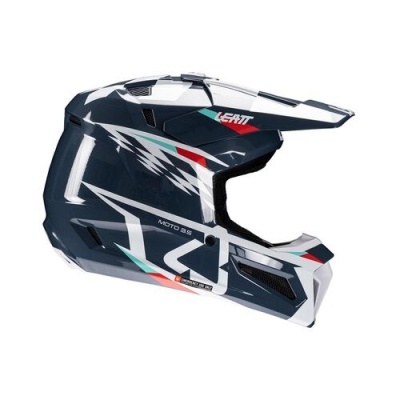 Capacete integral de motocross com design preto, branco, vermelho e verde com texto LEATT e MOTO 8.5