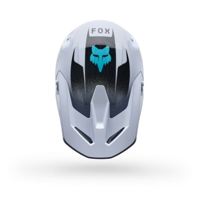 Capacete branco FOX com logotipo de raposa azul