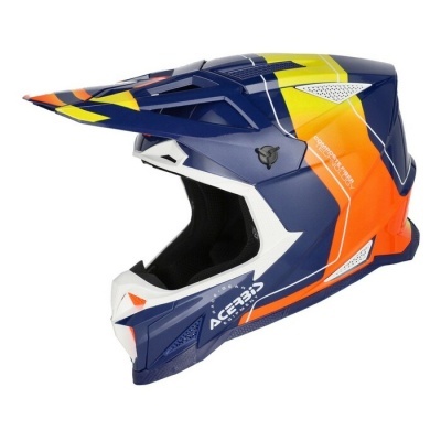 Capacete de motocross Acerbis azul, laranja e amarelo com texto branco