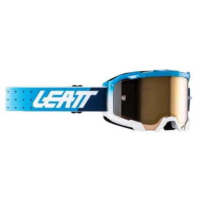 Óculos de proteção motocross azul e branco com lente espelhada castanha e faixa elástica azul LEATT