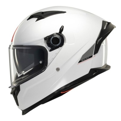 Capacete integral de mota branco com viseira transparente e detalhes pretos.