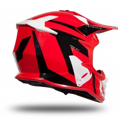 Capacete integral vermelho com detalhes pretos e brancos