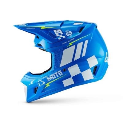 Capacete de motocross azul com detalhes e texto visíveis