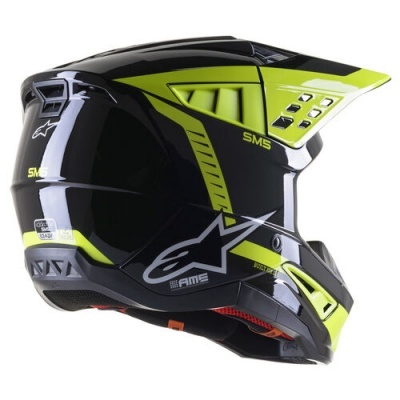 Capacete integral motocross preto amarelo fluorescente com inscrições SMS Alpinestars AME