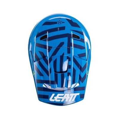 Capacete azul com padrões geométricos pretos e texto LEATT branco