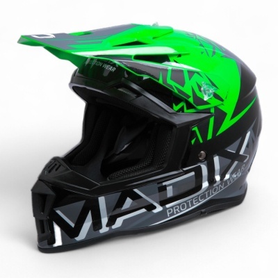 Capacete de mota integral verde e preto com grafismo e texto MADIX PROTECTION WEAR